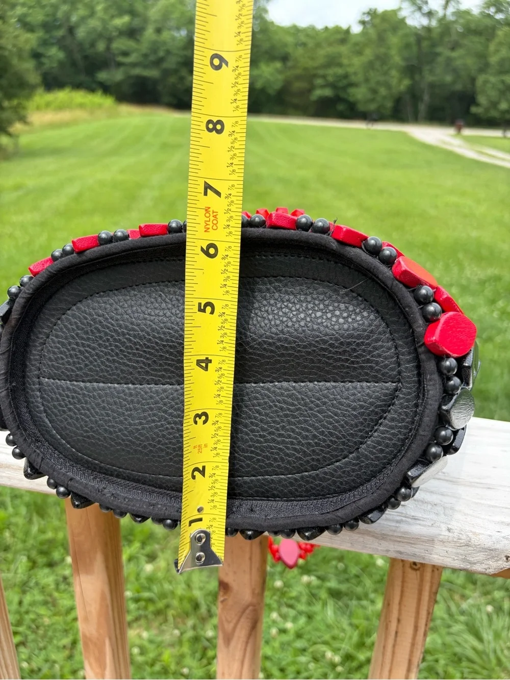 ART DECO‎ VINTAGE WOOD BEADED PURSE RED BLACK DRAGON SCALE BEADED HANDLE